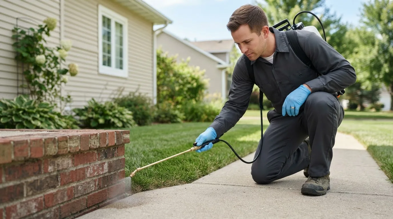 Pest control technician treating a home near Telferner, TX