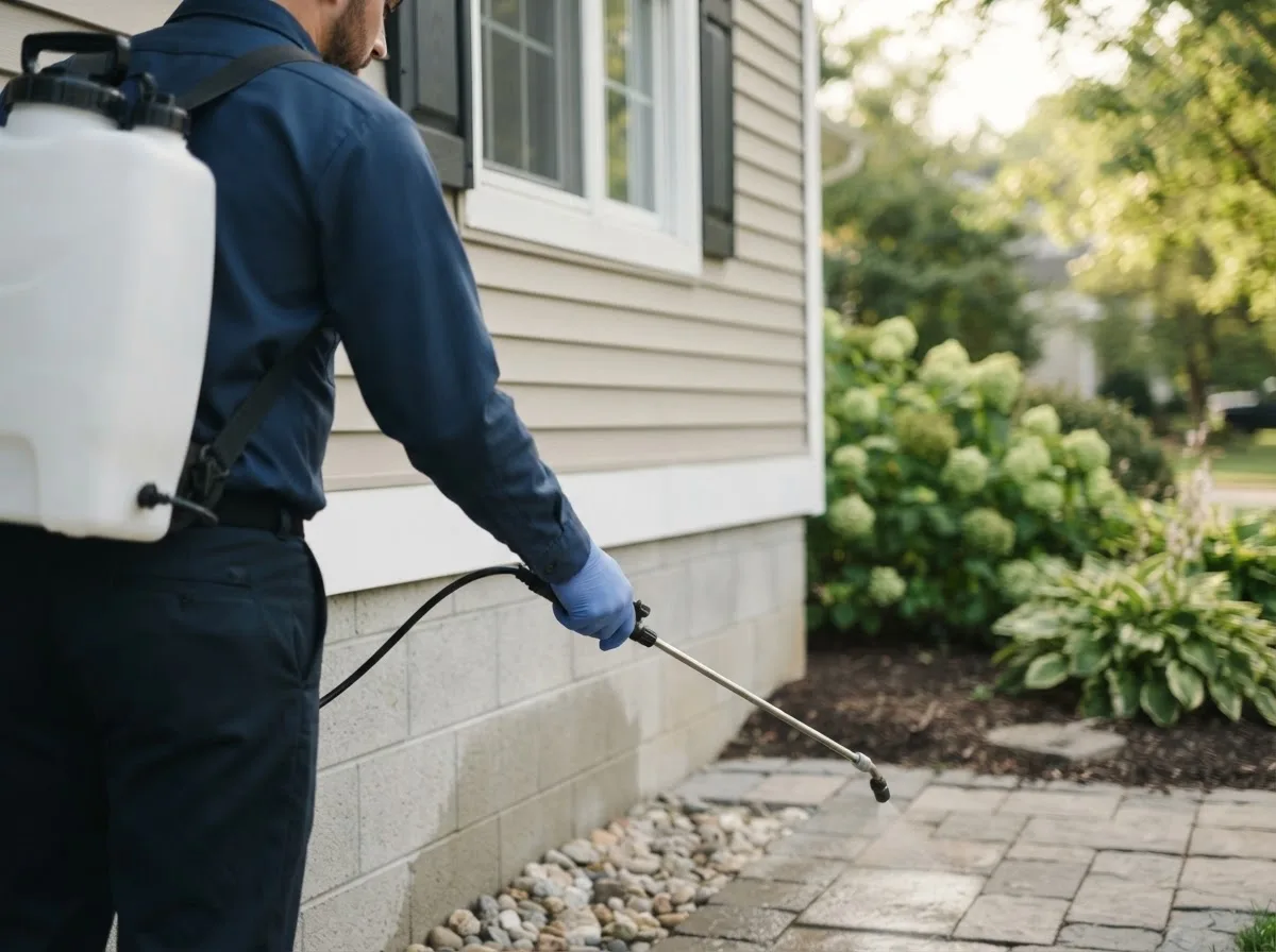 Pest control technician inspecting a home in Telferner, TX